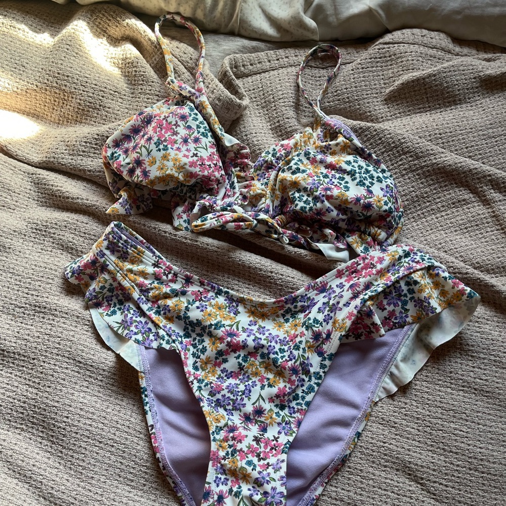 Adore Me Floral Ruffle Bikini Set - White with Purple & Yellow